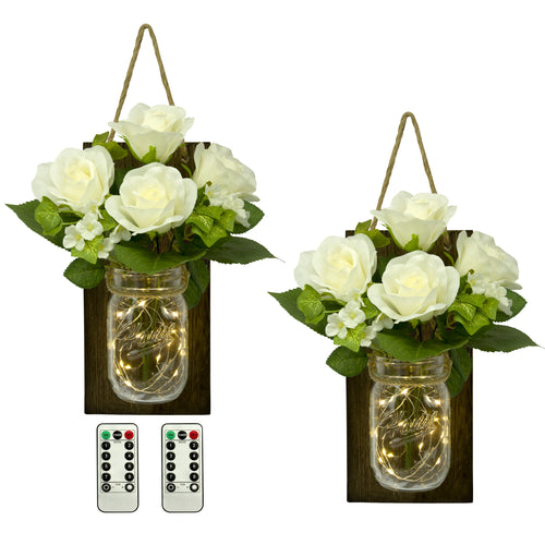 TenXVI Designs Rustic Brown Mason Jar Sconces with Roses